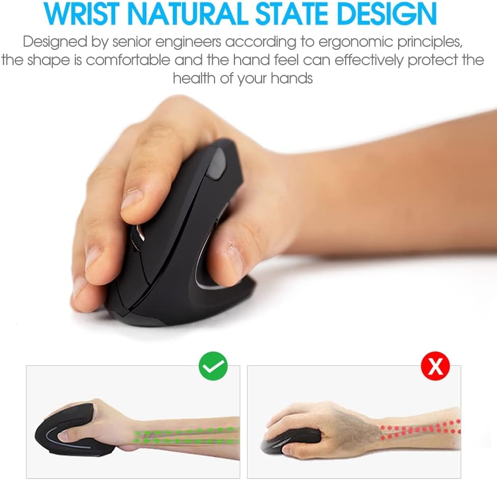 Wireless Vertical Mouse Black Wireless Ergonomic Vertical Mouse High Precision Ergo Optical 2.4G Cordless Lightweight Gaming Mice with 3 Adjustable DPI800/1200/1600 for PC/Laptop/Desktop/Mac 6 Buttons image 4