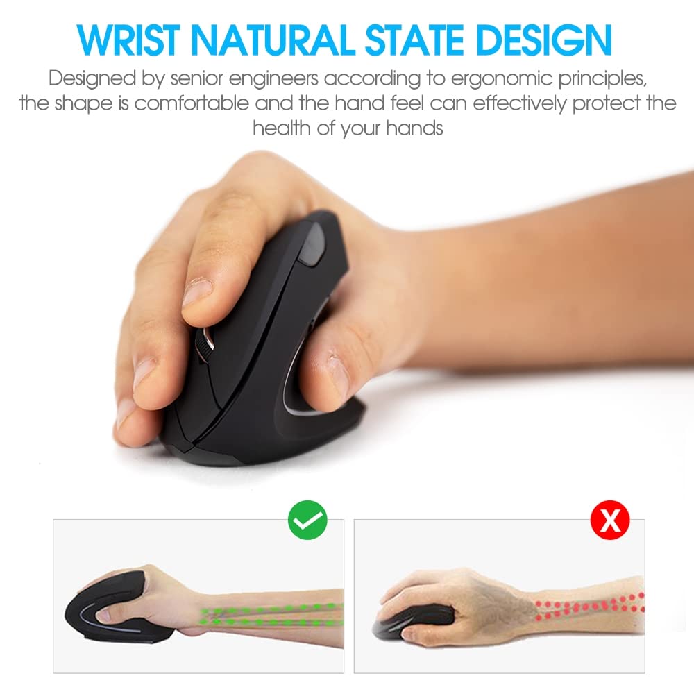 Ratón vertical inalámbrico ergonómico negro de alta precisión Ergo óptico 2.4G inalámbrico ligero ratones para juegos con 3 DPI800/1200/1600 ajustables para PC/portátil/escritorio/Mac 6 botones