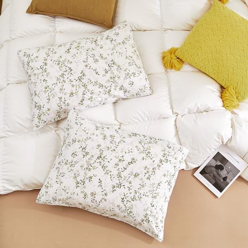 Image of ECOCOTT Pillowcase King Size Set of 2, Mini Green Leaves Pattern Printed Floral Pillow Cases - Soft and Breathable 100% Cotton Pillow Covers with Envelope Closure (King, 20 inchx36 inch)