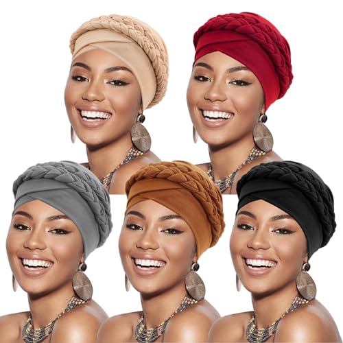 Image of DRESHOW African Women Turban Caps Beanie Twist Headscarf Pre-Tied Double Twisted Braids Headwraps for Women Chemo Cancer Cap