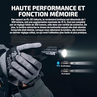 OLIGHT PL-3R Valkyrie Lampe Tactique 1500 Lumens Max 205M Rechargeable Deux Modes d'Éclairage Compactible avec Rail GL et Picatinny Ideal pour Chasse Noir