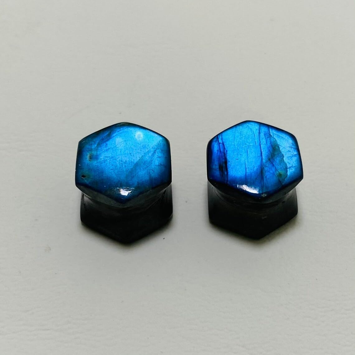 Natural Labradorite Gemstone Double Flared Hexagon Ear Plugs | Handmade Tribal Stone Ear Gauges | Stretching Jewelry for Body Piercing | Organic Crystal Ear Tunnels