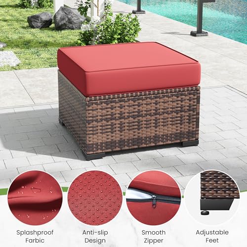 Image of Amopatio 2 Pieces Outdoor Ottoman for Patio, Foot Rest for Couch, All Weather Outdoor Patio Footstool Rattan Patio Ottoman with 4 inch Thick Removable Cushion (Burgundy)