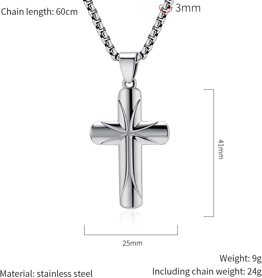 Men Cross Necklace,Stainless Steel Silver/Gold/Black Christian Pendant Necklace Faithful Jewelry，60cm Rolo Chain - Image 2