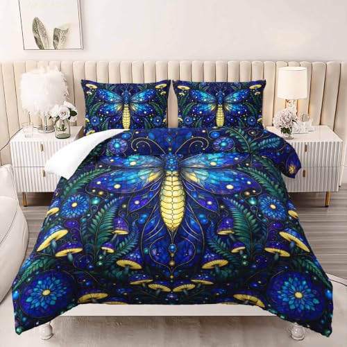 Image of AILONEN Full Comforter Set 3 Piece, Blue Firefly Mushroom 3D Printed Bedding with 2 Pillowcases, Soft Breathable Microfiber Celestial Decor for Guest Room