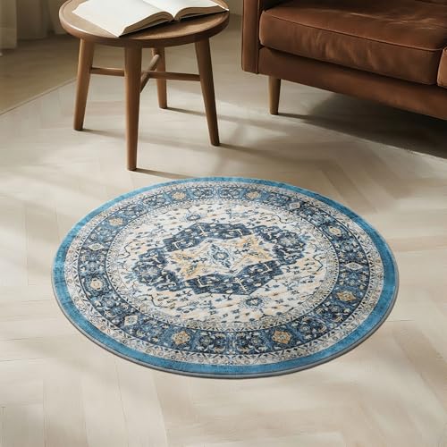 Image of Carvapet Vintage 24 inch /61 cm Small Round Rugs Non-Slip Washable Circle Rug with Rubber Backing Foldable Low Pile Design for Living Room Bedroom, 2ft Dark Blue Mini Rug