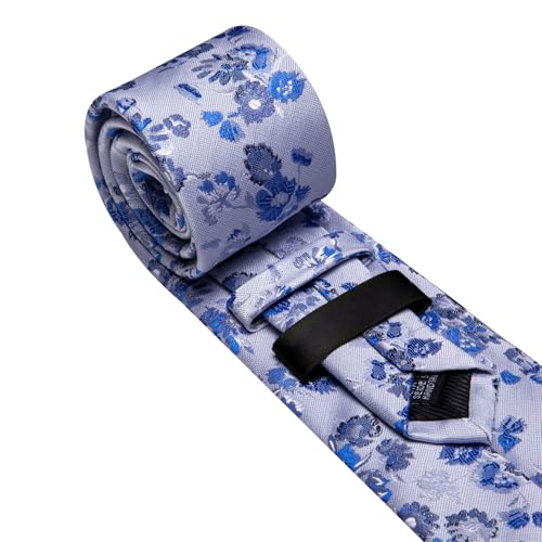 Image of Barry.Wang Light Blue Flower Ties for Men Silk Woven Floral Tie Sets Necktie Handkerchief Cufflinks Wedding Party