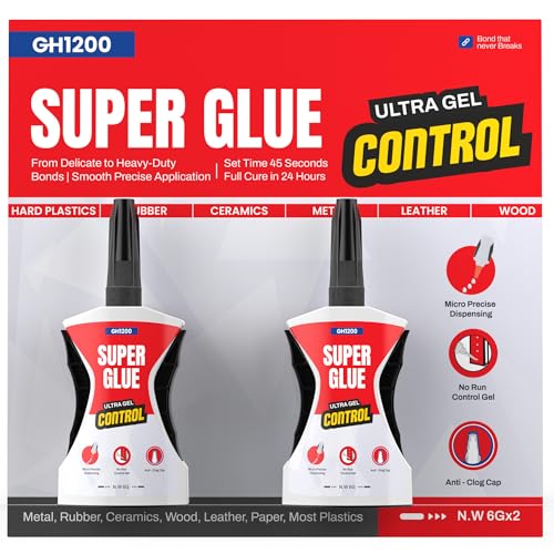 GH1200 Precision Control Super Glue Gel, 6g x 2 PCs Ultimate Micro-Dispensing for No-Mess Repairs, Non-Drip Ca Glue, Clear Drying Cyanoacrylate Adhesives, Superglue Gel Multipack Bonds in Seconds