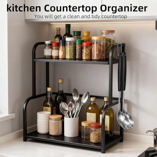 PopuLike 2 Tier Black Coffee Station Organizer, Coffee Bar Accessories Wooden Spice Rack Home and Kitchen Countertop Shelf Kitchen Storage Organiser for Tea and Coffee - Image 6