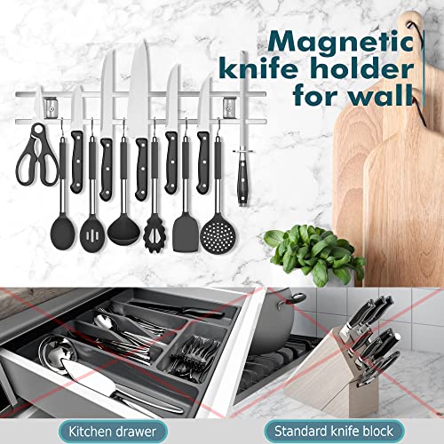 Magnetic Knife Holder For Wall - Stainless Steel Knife Magnetic Strip 18 Inch - Wall Knife Magnet Bar Rack With Hooks #TOP2