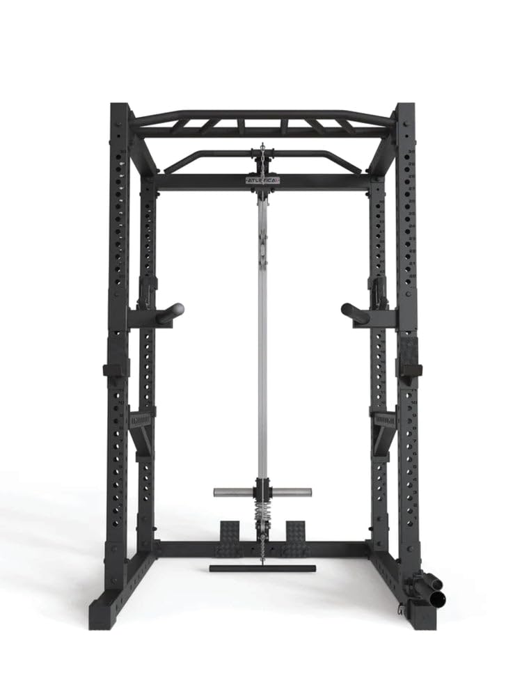 Atletica Cage R7 - 200 cm de hauteur - Avec station de traction et d'aviron - Barre de traction multi-prises - Barres de dip - Bras Spotter - 4 crochets J et mine terrestre