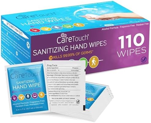Care Touch Hand Sanitizer Wipes - 110 Hand Wipes Individually Wrapped - Travel Size - Sanitizing Wet Wipes for Home, Office & Outdoor Use