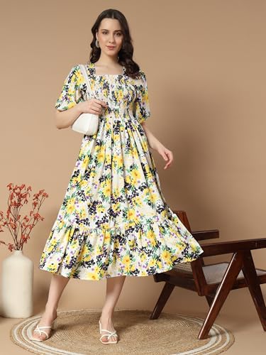 Kzully Women's Crepe A-Line Midi Dress (1001-White-Yellow-Flower-L_White