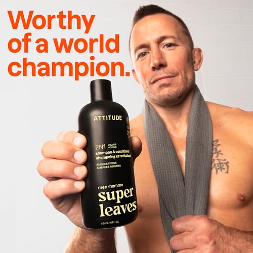 Image of ATTITUDE Men's Shampoo and Conditioner 2-in-1, Volumizing for Thin Hair, With Rosemary and Rice Protein, 97% Natural Origin Ingredients, EWG Verified, Amber & Citrus, 32 Fl Oz