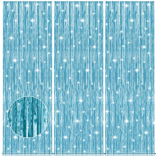 Image of Accevo 3Pack Light Blue Party Streamers 3.2x8.2 Feet Metallic Fringe Curtains Tinsel Streamers Party Decor for Summer Party Beach Theme Party Decorations Wedding Birthday Xmas New Year Photo Booth