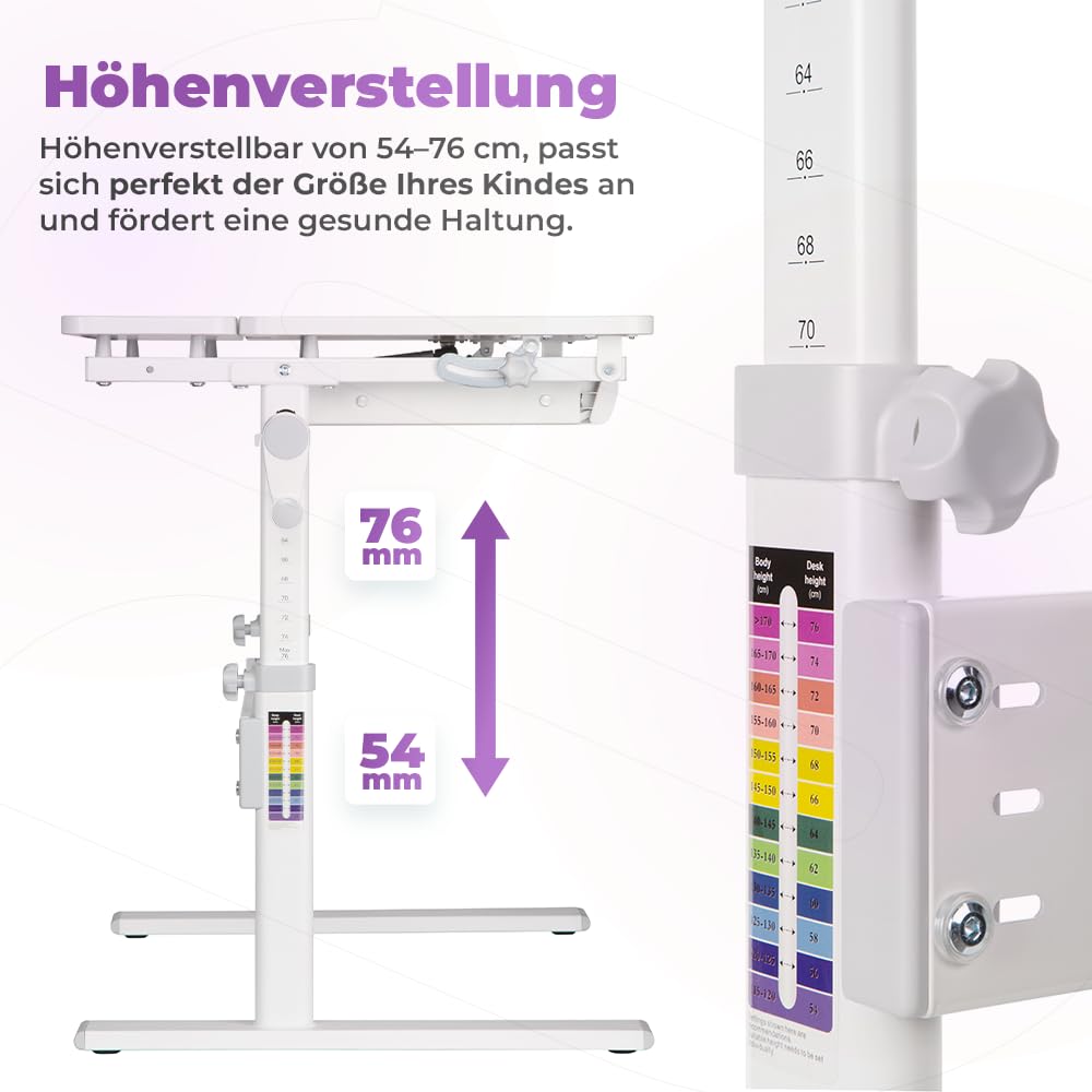 Spacetronik Kinderschreibtisch Höhenverstellbar 100x60 cm, Schreibtisch Kinder mit Neigbarer Tischplatte, Kinder Schreibtisch mit Schublade & Haken für Rucksack, Holzplatte