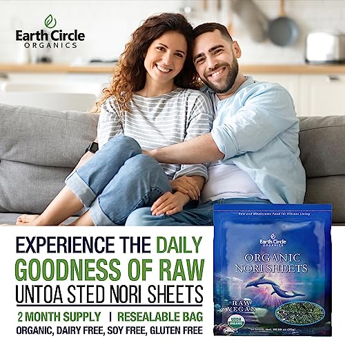 Earth Circle Organics Certified Organic Nori Seaweed - Premium Grade “A” Nori Sheets Unheated & Not Roasted - Vegan, Paleo & Keto Friendly - Premium Quality Nori Sheets For Sushi (50 Sheets, 2 Pack) #TOP4