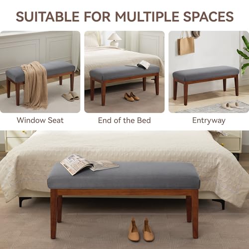 Image of WUTUTUEE 43.5'' Linen Bedroom Bench, Upholstered End of Bed Bench, Padded Vintage Dining Bench, Entryway Bench with Solid Wood Legs, Kitchen, Living Room, Hallway, Dark Grey