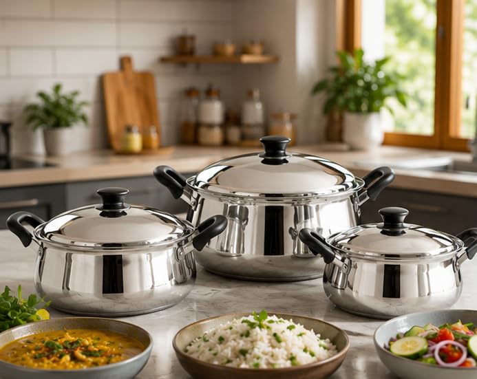 Image of Pigeon-Kitchen Star 3Pcs Stainless Steel Cook and Serve Set with Lids| Mirror Finish Hot Pot Serving Bowls|Multipurpose Cookware for Kitchen, Dining&Storage|Durable Food Grade Steel Casserole