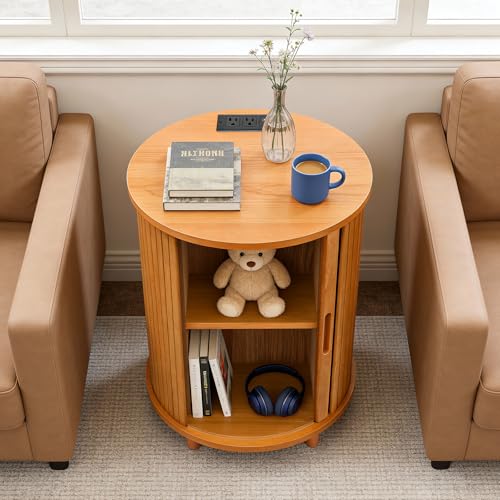 Image of DHH Round End Table with Storage & Charging Station, Fluted Accent Side Table with Sliding Door & Adjustable Shelf, Mid-Century Nightstand for Small Spaces, Living Room, Bedroom (1, Yellow Walnut)