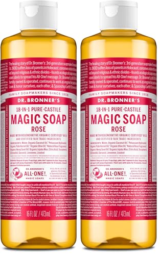 Image of Dr. Bronner's - Pure-Castile Liquid Soap (Rose, 16 ounce) - Made with Organic Oils, 18-in-1 Uses: Face, Body, Hair, Laundry, Pets and Dishes, Concentrated, Vegan, Non-GMO (Pack of 2)