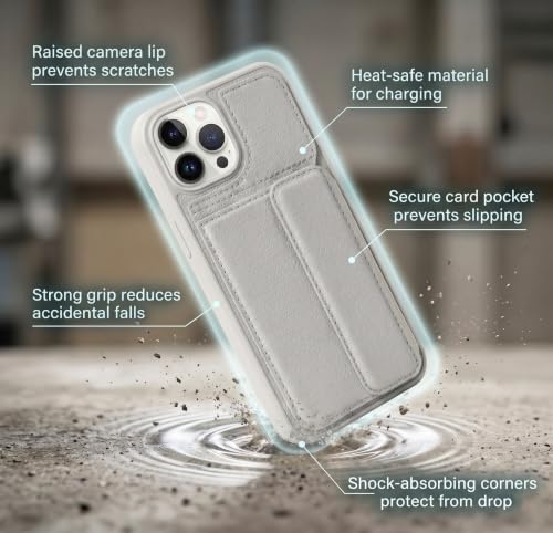 Image of amazon basics Luxury Vegan Leather Back Cover for iPhone 14 Pro Max | Built-in Card Holder Slot | Integrated Mobile Stand | Slim Shockproof Protective Case with Stitched Finish - Gray