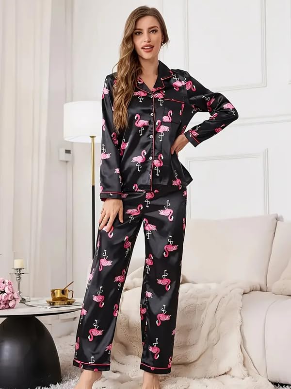 Image of Night Suit for Women with Full Sleeve Button-Down Top with Pant Dress for Woman,Night Dress for Woman, Two-Piece Loungewear Set