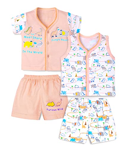 Image of mustmom Newborn Baby Cotton Jhabla Set | 0-3 Months | Combo of 1 T-Shirt, 1 Vest & 2 Shorts Set | Soft Breathable Summer Wear | Gift Set