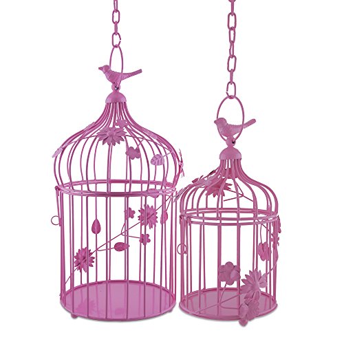Image of Homesake Hot Pink Hanging Metal Lantern Candle Holders Set of 2 with Floral Vine & Hanging Chain, Decor Tealight Candle Lanterns for Balcony, Patio, Garden, Living Room, Return Gifts for Pooja