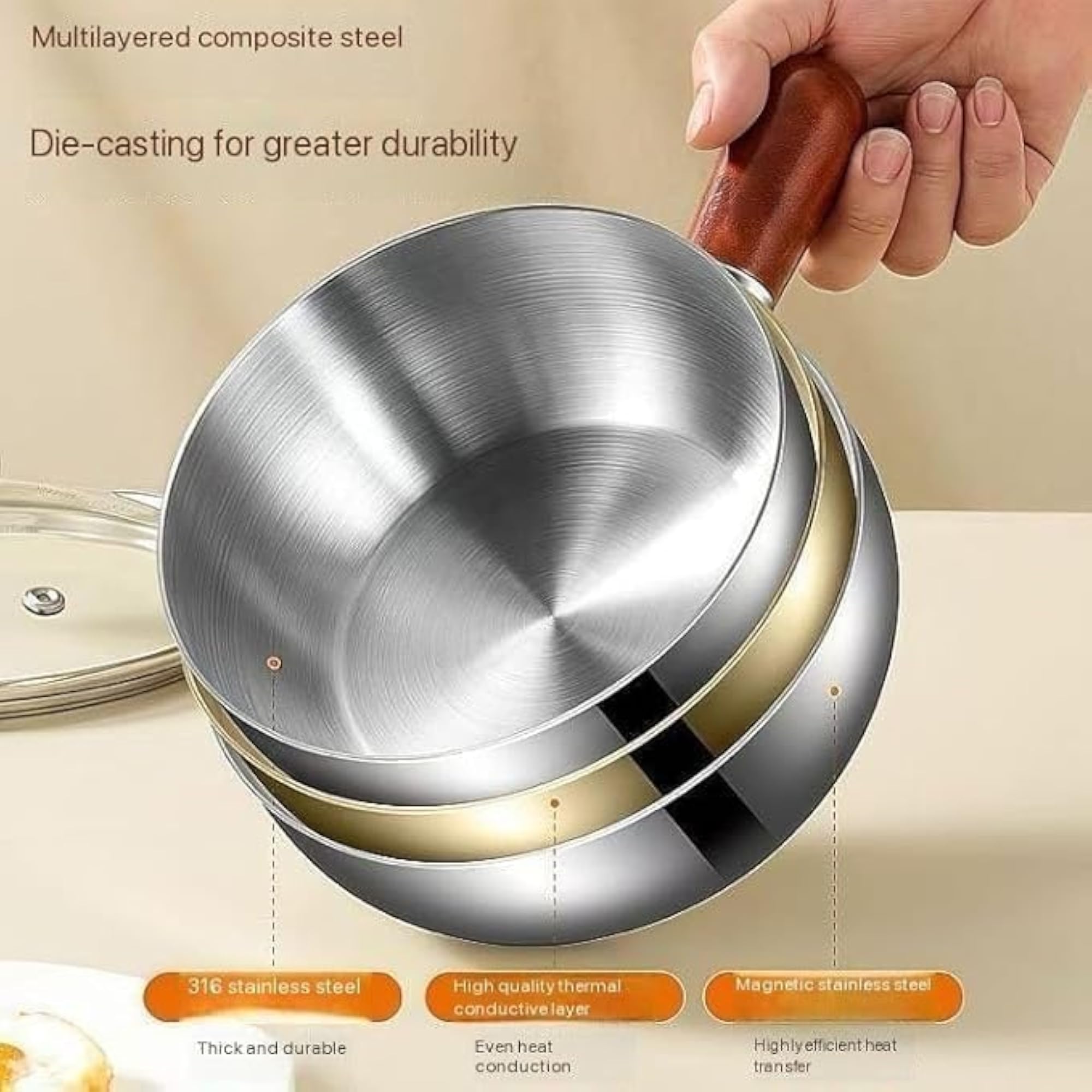 316 Stainless Steel Saucepan with Glass Lid, Solid Wood Handle