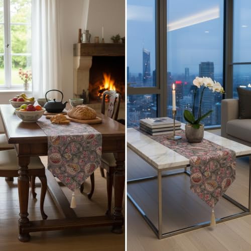 Image of COZY FURNISH Luxury Floral Printed Cotton Table Runner - 13x72 Inches Tassel Runner for Dining Table, Bed & Centre Table | Elegant Home Decor Accessories