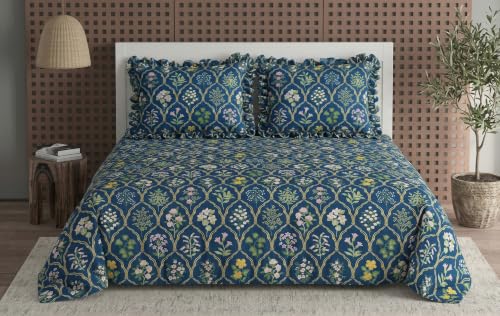 Image of DECOMIZER 300 TC Soft Cotton Feel Microfiber All Around Elastic Fitted Super King Bedsheet with 2 Frill Pillow Covers King Size (72x78) Fits Upto 12 inches Mattress | Navy Jaipuri