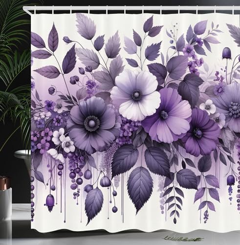 Ambesonne Purple Shower Curtain, Cascade Leafy Floral Huddle with Dreamy Aura Celestial Jungle Art Boho, Cloth Fabric Bathroom Decor Set with Hooks, 69" W x 70" L, Mauve Indigo and White