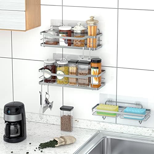 stusgo Adhesive Shower Shelves for Inside Shower, Shower Caddy Bathroom Shelves 3 Pack Shower Storage Wall Mounted Shower Organiser with 4 Hooks No Drilling Rustproof