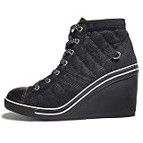 epdavin Women's Black Casual Canvas High Top High Heel Wedges Quilted Lace Up Sneakers 6.0 M US