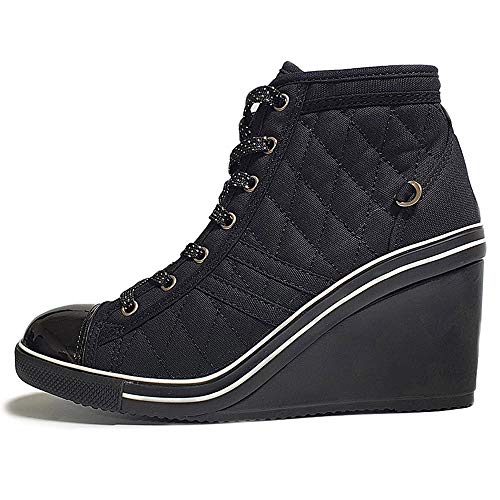 epdavin Women's Casual Canvas High Top High Heel Wedges Quilted Lace Up Sneakers