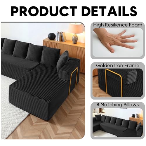 Image of Oversized Cloud Boneless Couch with Chaise, 145 inch Modern U Shape Modular Deep Seat Sectional Sofa, Comfy Corduroy Upholstered Couches for Living Room, No Assembly Required, Black