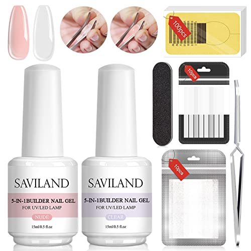 Saviland 5 in 1 Builder Nail Gel Kit - 15ml/0.5 fl.oz Clear Nudes Gel Nail Kit Fiberglass Nail Extension Kit for Nail Repair Nail Extension Nail Decoration