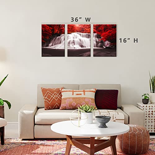 Cerlmland Waterfall - Wall Art Painting Black White Red Landscape Canvas Wall Art 3 Pieces,Red Trees Forest Picture Prints For Home-Office - Canvas Art Wall Art For Living Room 12X16Inchx3Pcs #TOP1