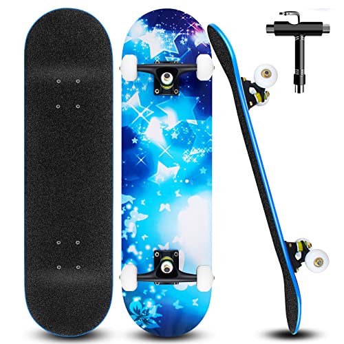 Monopatín para principiantes, 80 x 20 cm, monopatín completo de madera para niños adolescentes adultos, 7 capas de arce doble kick Deck cóncavo truco crucero con la herramienta T todo en uno (forma11) Cover