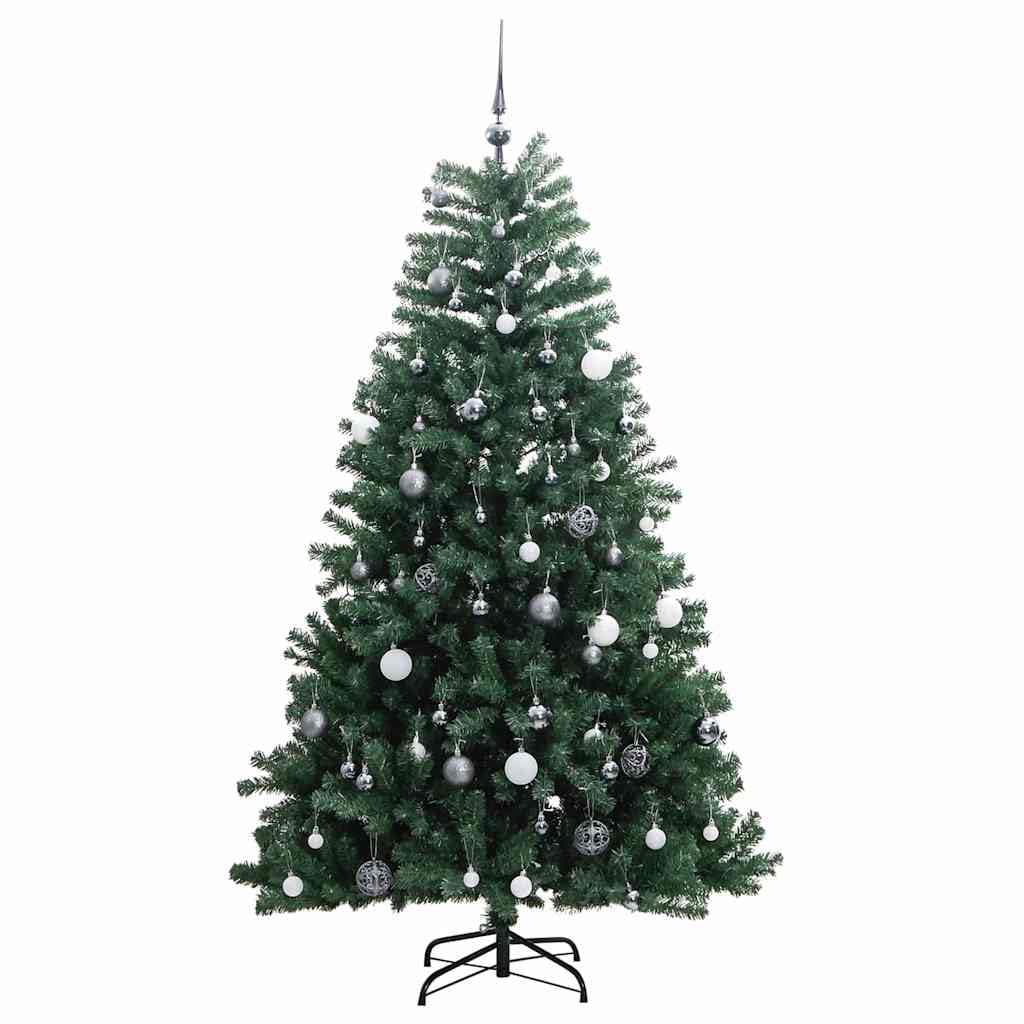 Sztuczna choinka składana, 210 cm, zielona, z 300 diodami LED o ciepłej bieli i 120 bombkami, metalowy stojak, do użytku wewnątrz pomieszczeń