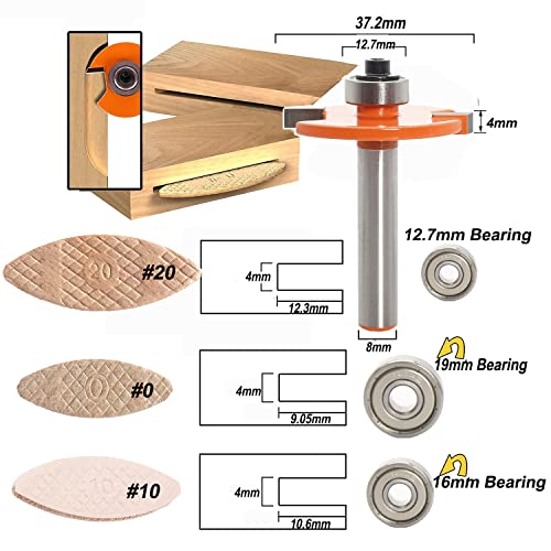 Sinoprotools 3-tlg Falzfräser Set,8mm Schaft Scheibenfräser,Schnitttiefe=4 Nuten T-förmiger Holzfräser mit 2 einstellbaren Lagern,Docking-Tool für Holzkekse Von #00,#10 und #20 (D=36,S=8)