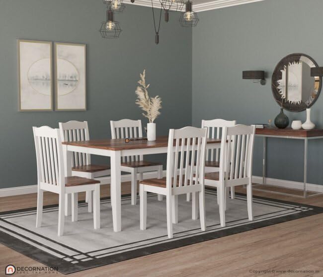 Image of DecorNation Avery Solid Wooden 6 Seater Dining Table Set with Chairs | White & Brown Finish | Glossy Top Rectangular Dining Table | Modern Dining Furniture for Home
