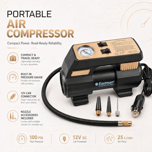 Image of EASTMAN Air Compressor 12V Car Tyre Inflator ? 100 PSI High Pressure Portable Pump with LED Light & 20L /Min Air Flow for Cars, Bikes & Inflatables (EAC-25100)