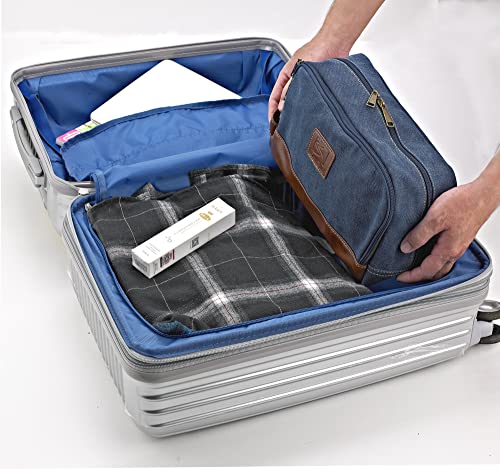 seemeroad Travel Toiletry Bag for Men and Women, Canvas Toiletry Organizer Water-Resistant Vegan Leather, Hanging Dopp Kit Shaving Bag for Toiletries Accessories (Blue, Large)
