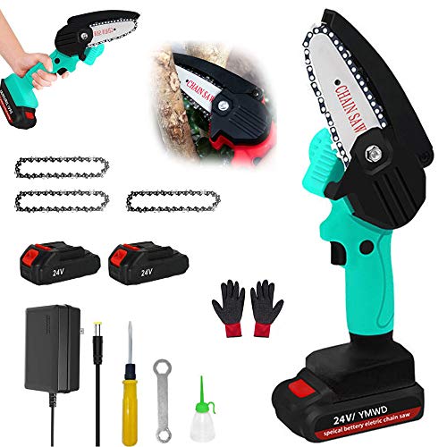 YMWD Mini Chainsaw 4-Inch Handheld Cordless Electric Portable Chain Saw with 3 Chain and Splash Board 0.7kg Lightweight Pruning Shears Chainsaw for Courtyard Tree Branch Wood Cutting,Blue