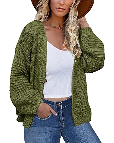 Brubobo Women's Cable Knit Button Down Cardigan Sweaters Lantern Long Sleeve Chunky Casual Fall Sweater Coats Outerwear Army Green #TOP7