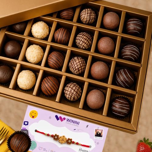 Image of WINNI - Luxury 24 Pcs Truffle Chocolate + Rakhi Pack | Rakhi Gift For Brother & Sister | Belgian Dark Chocolate Gift Pack | Festival Chocolate Gift Hamper | Rakhi Gift For Girls, Boys, Brother, Sister, Kids, Bhaiya, Bhabhi | Rakhi Gift Set | Raksha Bandhan Celebration Gift | Chocolates Bouquet | Return Gift Box