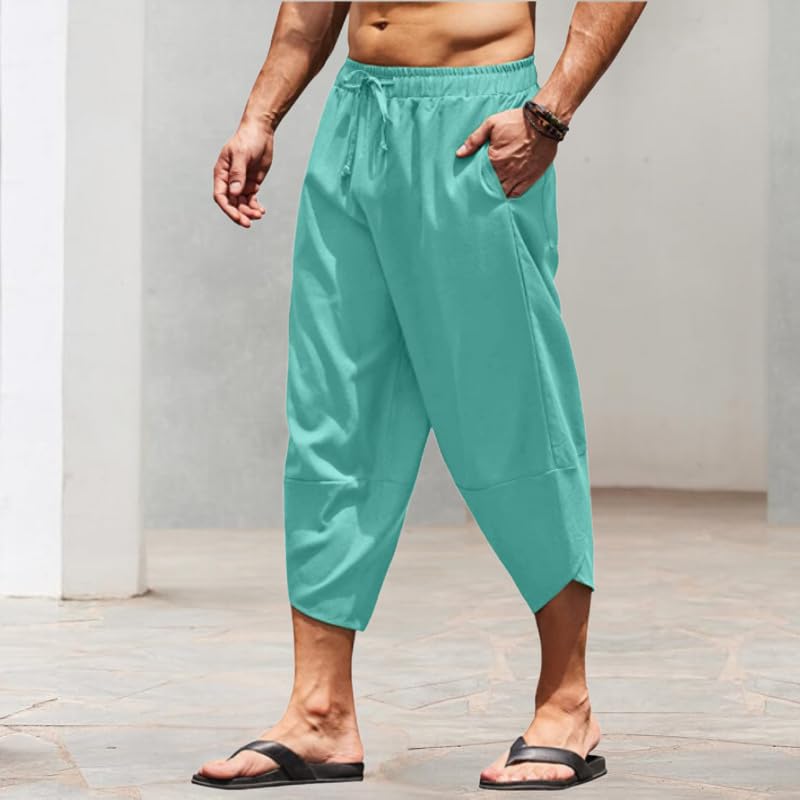 HOTYD Mens Cotton Linen Pants Elastic Drawstring Waist Lightweight Casual Beach Capri Pants Cropped Trousers with Pocket2