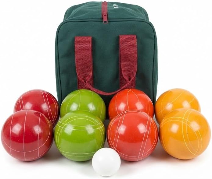 BuyBocceBalls Listing - Made in USA, Premium Quality Tournament Bocce Set - 998 Grams, 2lbs 3 oz, 110mm Rustic Yellow/Orange/Red/Green Balls and Green/Maroon Bag